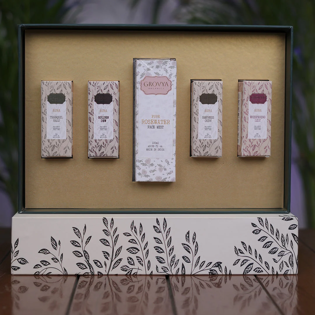 Grovya Organics Assorted Fragrance Hamper | Alcohol-Free Roll-On Perfume Oils with Complimentary Rose Water Mist | Natural Gifting Set - Image 2